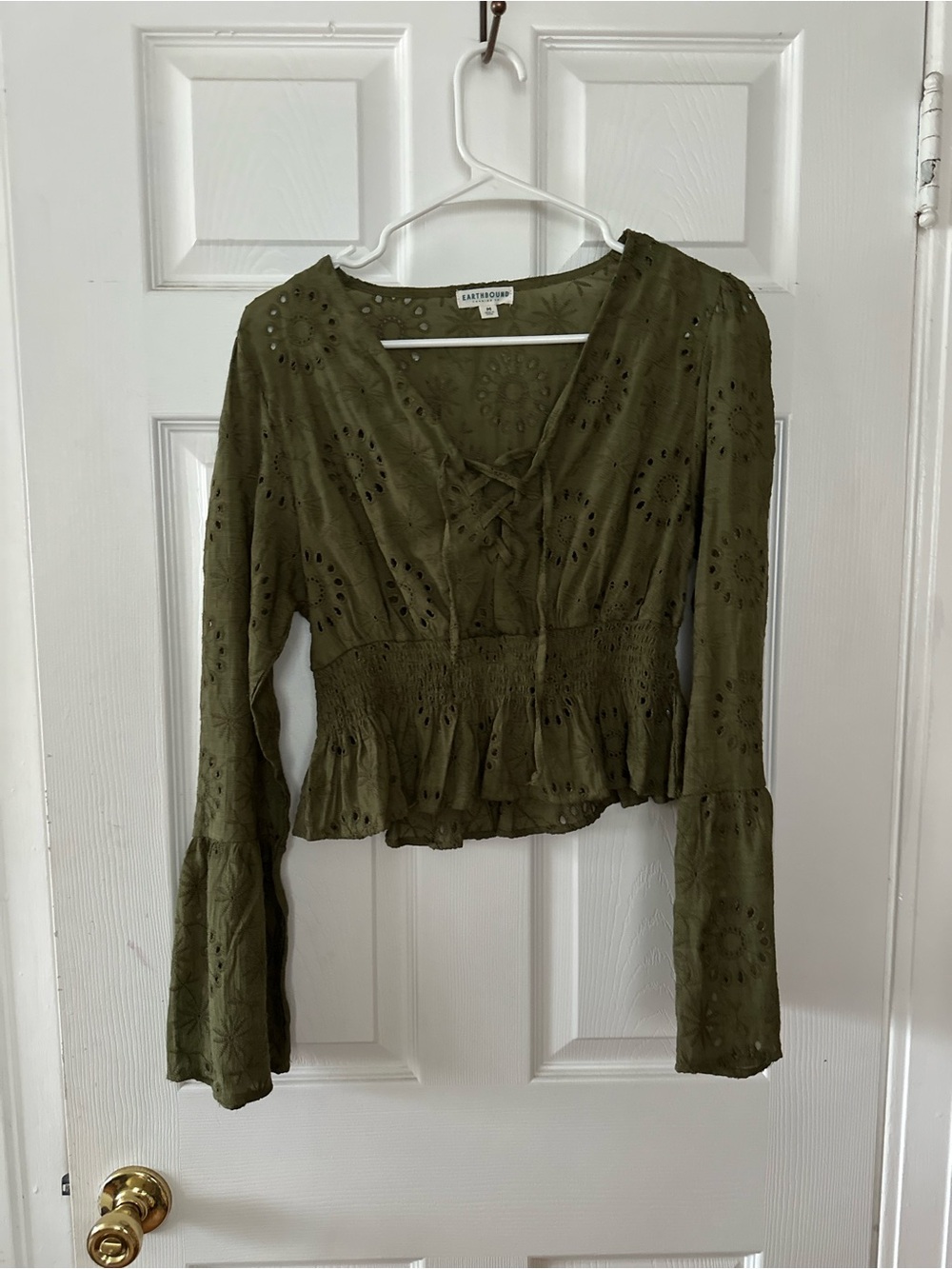 EARTHBOUND Olive Eyelet Lace-Up Peasant Blouse